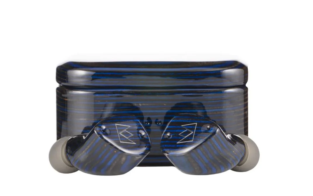 Transparent wireless earbuds with blue striped charging case